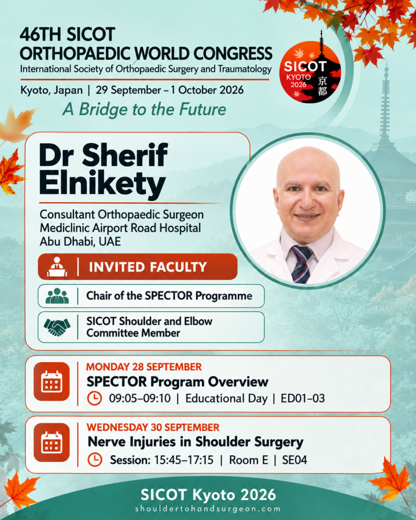 SICOT Kyoto 2026 poster featuring Dr Sherif Elnikety, SPECTOR Chair and invited faculty, with sessions on 28 and 30 September.
